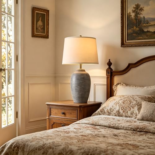 USumkky 29.5" Tall Vintage Ceramic Table Lamp with 5FT Cord - Single Large Rustic Farmhouse Bedside Lamp with Linen Shade & Natural Textured Finish, Nightstand Table Lamp for Bedroom End Table,Grey - color: 29.5" Grey