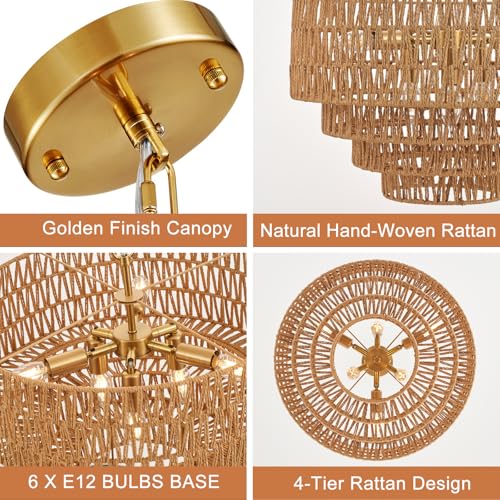 19.7" Gold Boho Rattan Chandelier, 6-Light Vintage Farmhouse Hand Woven Wicker Chandeliers Light Fixture, 4-Tier Rustic Drum Pendant Light for Dining Room Kitchen Island Living Room, E12 - color: Golden 19IN A