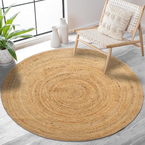 Hand Woven Jute Area Rug - 5' Round - Rustic Beige Reversible Farmhouse Rugs for Bedroom, Kitchen, Living Room - Vintage Natural Braided Entry Floor Décor Circle Boho Round Jute Rug 5 Foot - color: Natural 1, size: 5' (Round)