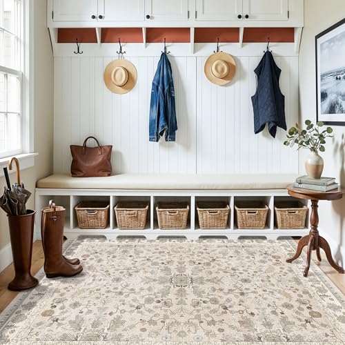 4x5 Washable Kitchen Entryway Rug – Non-Slip Soft Low Pile Indoor Carpet for Bathroom Living Room Bedroom – Boho Floral Small Throw Area Rug (Beige,4x5) - color: Beige, size: 4' x 5' (Rectangular)
