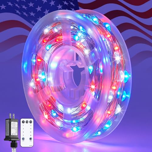 JMEXSUSS 200 LED 4th of July Fairy Lights, Red White and Blue Lights Indoor with Wheel, 8 Modes Remote Control Twinkle Patriotic Lights in for Independence Day American Flag Holiday - color: Red White Blue, size: 66FT 200LED
