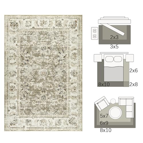 jinchan Fiora Floral 2x3 Rug for Entryway - Vintage Washable Area Rug Ultra-Thin Low Pile Soft Small Non Slip Distressed Indoor Door mat Accent for Entrance Kitchen Bathroom Bedroom (2x3ft, Taupe) - color: Distressed Taupe, size: 2' x 3' (Buttery Soft)
