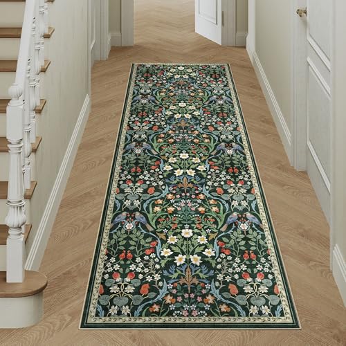 2x6 Washable Runner Rug for Hallway Green Floral Vintage Non Slip Low Pile Thin Rug Soft Lightweight Stain Resistance Runner Kitchen Bathroom Living Room Entrance Beside Bed Home Decor - color: Floral | Green, size: 2'x6'