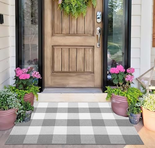 Buffalo Plaid Rug 24''x35''Grey and White Checkered Mat Cotton Machine Washable Carpet Layering Rug for Hello/Welcome Door Mat Front Porch, Kitchen, Farmhouse, Entryway,Bathroom - color: Grey Buffalo, size: 24''x 35''