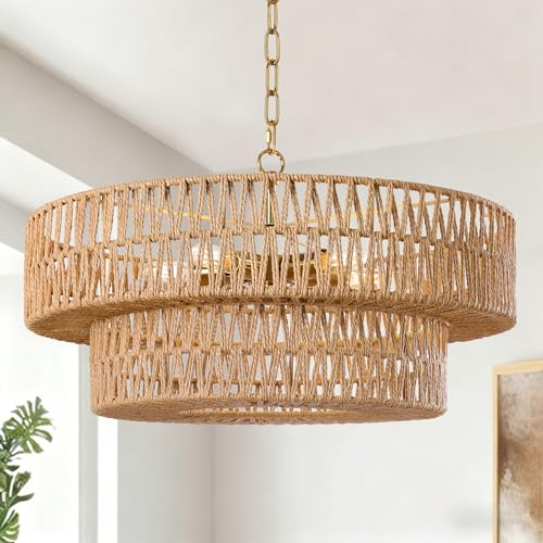 21.6 Inch Boho Rattan Chandelier, 5-Lights Hand Woven Bohemian Chandeliers with 2-Tier Drum Wicker Shade, Modern Farmhouse Large Pendant Light Fixture for Dining Room Living Entryway Bedroom - color: Gold Metal, size: 21.6 Inch