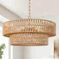 21.6 Inch Boho Rattan Chandelier, 5-Lights Hand Woven Bohemian Chandeliers with 2-Tier Drum Wicker Shade, Modern Farmhouse Large Pendant Light Fixture for Dining Room Living Entryway Bedroom - color: Gold Metal, size: 21.6 Inch