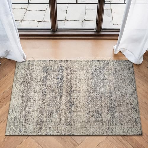 Bloom Rugs Washable Non-Slip 2x3 Rug - Beige Brown/Teal Traditional Oriental Area Rug for Living Room, Bedroom, Dining Room, and Kitchen - Exact Size: 2' x 3' - color: Beige Brown / Teal, size: 2' x 3' (Rectangular)