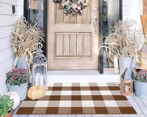Front Door Mat Outdoor 24''x35''Buffalo Plaid Porch Mat Cotton Woven Machine Washable Carpet for Layered Doormat Hello/Welcome Door Mat,Kitchen,Farmhouse,Entryway - color: Coffee, size: 24''x 35''
