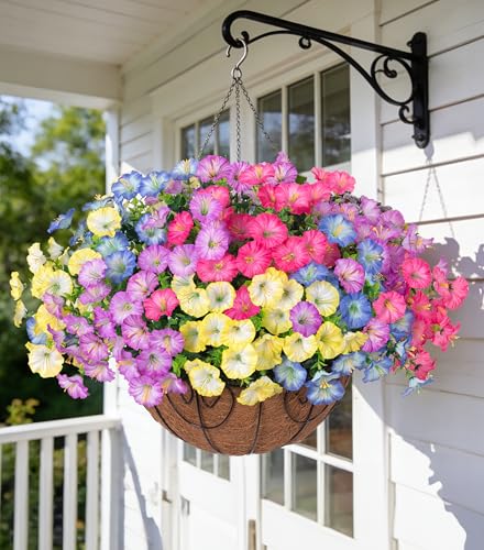 Artificial Faux Hanging Plants Flowers Basket for Outdoors Spring Summer Decoration, Silk Morning Glory Eucalyptus Look Real UV Resistant Fake Flowers for Porch Outside Patio Balcony Yard Home Garden - color: Multi-color (Purple, Pink, Blue, Yellow)