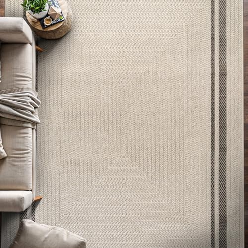 Beverly Rug Easy Jute Bordered Rug 6x9 Washable Durable Indoor Outdoor Area Rugs for Living Dining Room Patio Office Stain Resistant Non Shedding Casual Indoor Outside Carpet 6 x 9 Off-White - color: Bordered/Off-white-black, size: 6' x 9' (Rectangular)