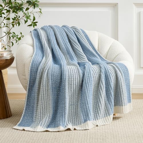 Amélie Home Premium Chenille Throw Blanket, Blue Ivory, 60"x80" | Soft Cozy Decorative Knit, Textured Two-Tone, Lightweight Warm, For Couch, Sofa, Bed, Living Room - color: Two-tone Blue, size: 60" X 80"