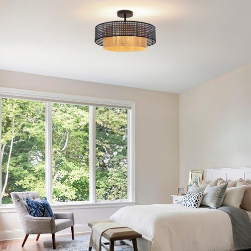 17.7" Black Bohemian Wicker Flush Mount Ceiling Light, Hand-Woven Double Layer Drum Semi-Flush Fixture for Bedroom, Living Room, Dining Room, Hallway & Kitchen - color: 17.7'' Rattan&Hemp rope Black