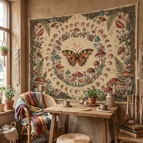 Gruaoihy Boho Vintage Moon Phase Tapestry, Botanical Aesthetic Butterfly Plant Mushroom Wall Hanging for Bedroom Dorm Decor, Beige 36x48 inches - color: Butterfly and Moon, size: 48"L x 36"W