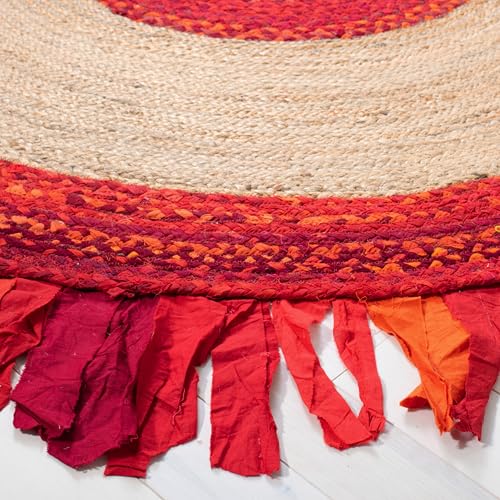 SAFAVIEH Cape Cod Collection 4' Round Red / Natural CAP701Q Handmade Boho Fringe Jute & Cotton Area Rug - color: Red/Natural, size: 4' (Round)