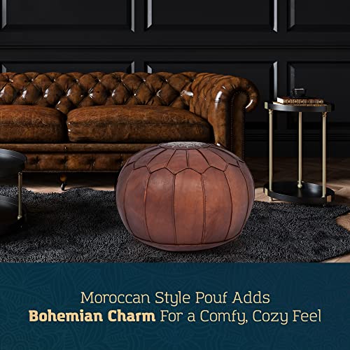 Marrakesh Gallery Genuine Leather Round Pouf Unstuffed - Moroccan Ottoman Footstool, Footrest Cover - Boho Decor - Bohemian Living Room, Bedroom, Kids Room, Gift & Wedding - color: Cognac