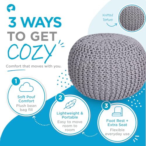 BIRDROCK HOME Round Pouf Ottoman Foot Rest - 18.5”x18.5”x15” Boho Compact Comfortable Soft Cotton Braided Foot Stool with Bean Bag Filling for Living Room, Bedroom, or Nursery (Light Gray) - color: Light Gray