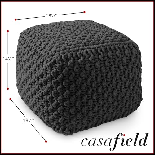 Casafield Square Pouf Ottoman, Black - 18.5" W x 18.5" D x 14.5" H Cotton Knit Foot Stool - Boho Floor Pouffe for Living Room, Bedroom, Home Office - color: Black, size: 18.5"D x 18.5"W x 14.5"H