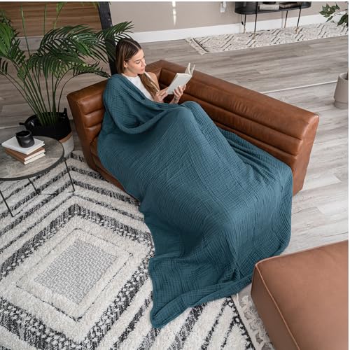 Comfy Cubs Muslin Throw Blanket - 50” x 60” Quilted Design - Lightweight, Breathable 6-Layer Gauze Fabric - Soft Cotton Blanket for Home or Travel - Packaged in Elegant Gift Box - Neptune - color: Neptune, size: Throw - 50" X 60"