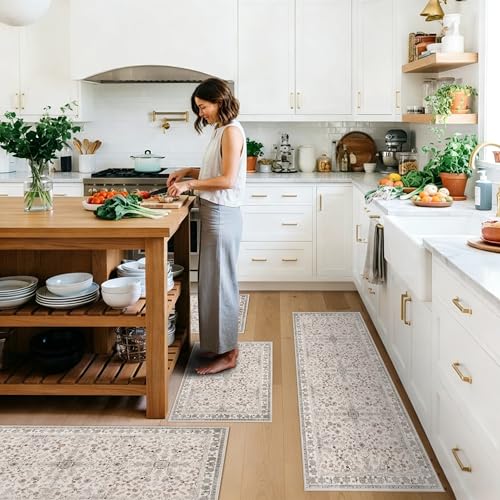 4-Piece Kitchen Rug Set with Runner – Washable Non-Slip Floor Mats for Sink, Entryway, Hallway, Bathroom – Soft Low-Pile Thin Boho Floral Rugs,Kitchen Decor (Beige, 2x3+2x4+2x5+2x6) - color: Beige, size: 2'x3'+2'x4'+2'x5'+2'x6' (Rectangular)