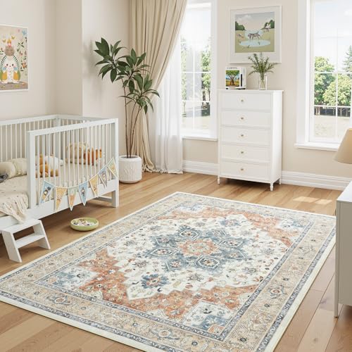 5x7 Bedroom Rug - Boho Aesthetic Floral Beige and Orange, Washable Low Pile Non-Slip Carpet, Stain Resistant Area Rugs for Under Bed, Large Entryway, Kitchen, Playroom, Bed Room, Living Room - color: Beige Orange, size: 5' x 7' (Rectangular)