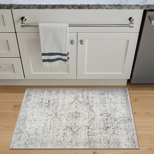 Bloom Rugs Washable Non-Slip 2x3 Rug - Ivory/Gray/Caramel Traditional Oriental Area Rug for Living Room, Bedroom, Dining Room, and Kitchen - Exact Size: 2' x 3' - color: Ivory / Gray / Caramel, size: 2' x 3' (Rectangular)