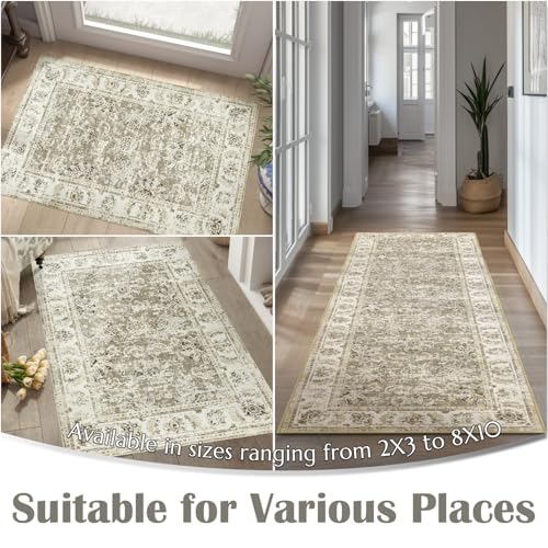 jinchan Fiora Floral 2x3 Rug for Entryway - Vintage Washable Area Rug Ultra-Thin Low Pile Soft Small Non Slip Distressed Indoor Door mat Accent for Entrance Kitchen Bathroom Bedroom (2x3ft, Taupe) - color: Distressed Taupe, size: 2' x 3' (Buttery Soft)
