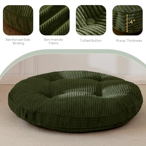 HIGOGOGO 35" Floor Pillow Cushion for Adults, Meditation Cushion Pillow, Extra Large Square Floor Sitting, Tufted Corduroy Cover for Tatami Living Room or Yoga, Dark Green - color: Dark Green, size: 4" Thick Round