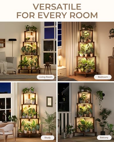 Bamworld Corner Plant Stand with Grow Lights 4-Tier Plant Stand Indoor Wood Plant Stand with Grow Light Tall Shelves Garden Decor for Living Room Balcony - color: Brown with lights