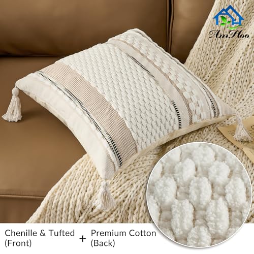 AmHoo Chenille Striped Textured Boho Throw Pillow Covers Aesthetic with Tassels Woven Decorative Pillow Case for Couch Bed Sofa Bedroom Modern Funky 18 x 18-Inch White - color: White, size: 18" x 18" (Pack of 1)
