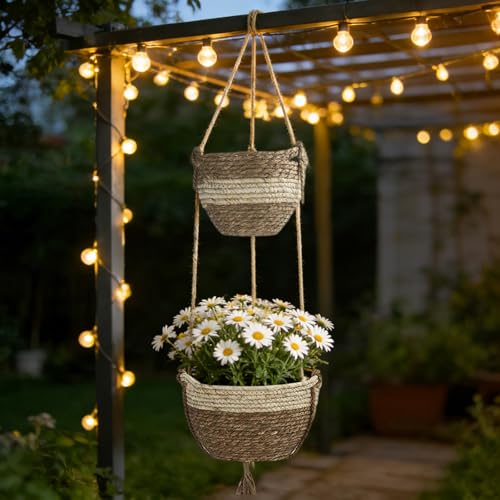Double Layer Woven Hanging Planter, Boho Style Hanging Flower Basket, 2-Tier Macrame Holder for Indoor Home Garden Living Room Balcony Porch (Color A) - color: Color a