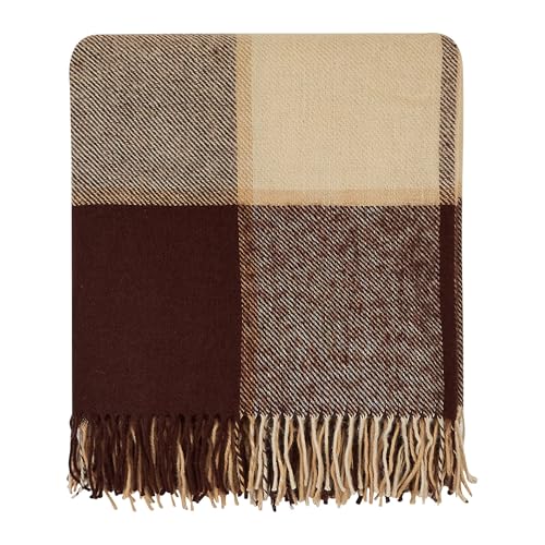 New Zealand Virgin Wool Throw Blanket, Indoor and Outdoor Blankets and Throws, Comfortable Soft Blanket with Fringes and Tartan Pattern, 67 x 79 in, Queen Size, Brown - color: Brown