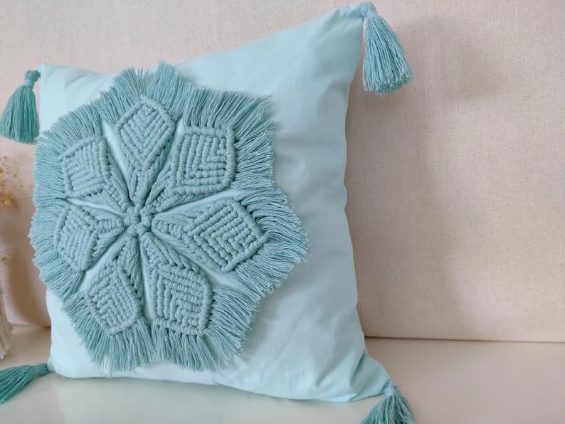 Boho Macrame Floral Throw Pillow Cover with Corner Tassels, Light Turquoise Hand Knitted Fringe Decorative Square Cushion Case for Sofa Couch Bedroom Home Decor, 18x18 Inch (Pillow Insert Not Included