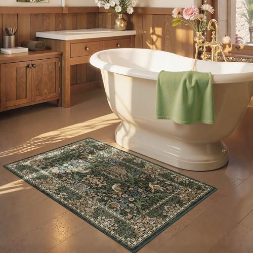 2x3 Floral Washable Area Rug for Entryway, Vintage Boho Rugs for Living Room Bedroom Dining Room, Botanical Birds Non Slip Low Pile Forest Animal Throw Carpet for Farmhouse Office, Retro Gold/Green - color: Gold Green (Larger Pattern), size: 2' x 3' (Rect