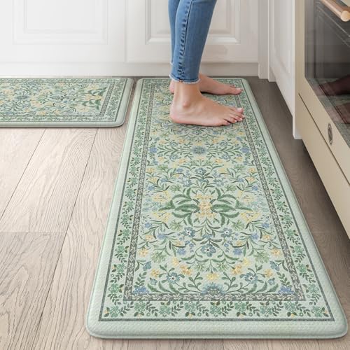 Collive Kitchen Mats for Floor 2PCS, Cushioned Anti Fatigue Mat Non Slip Waterproof Kitchen Rugs, Spring Floral Comfort Standing Rug for Home, Office, Sink, Laundry, 17"x30"+17"x47" - color: Teal, size: 17.3"x47"+17.3"x29"