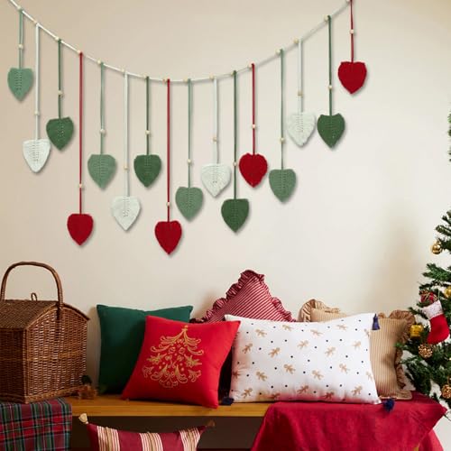 HVEST Christmas Macrame Wall Hanging Large- Boho Decor- Handmade Leaves Woven Tapestry for Bedroom- Red Green White Christmas Ornaments- Macrame Wall Art for Living Room Xmas Decorations, 29.5L X 47W - color: Red Green White