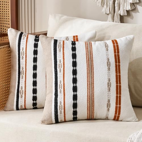 Boho Pillow Covers 18x18 Square Farmhouse Decorative Cushion Case Striped Square Cushion Cover Cozy Soft Neutral Throw Western Pillows Protector Modern Decorative for Couch Sofa Bed, Set of 2 - color: Orange