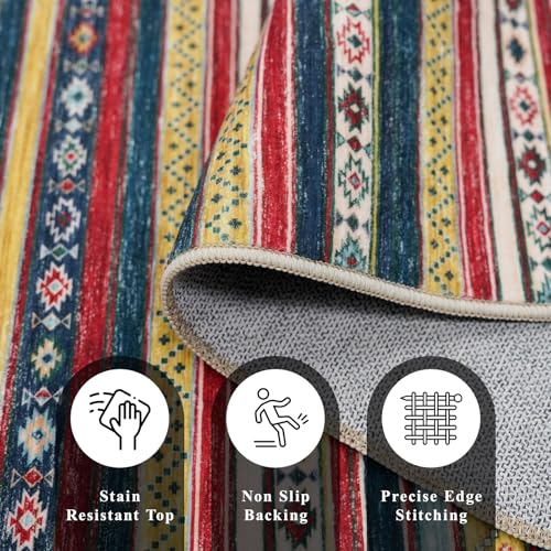 HILORUUG 4x8 Rug Washable Indoor: Non-Slip Southwestern Striped Carpet for Kitchen Hallway Entry - Farmhouse Low Pile Stain Resistant Long Thin Front Door Mat 4x8 Red/Blue/Multi - color: Multi Color, size: 4' x 8' (Rectangular)