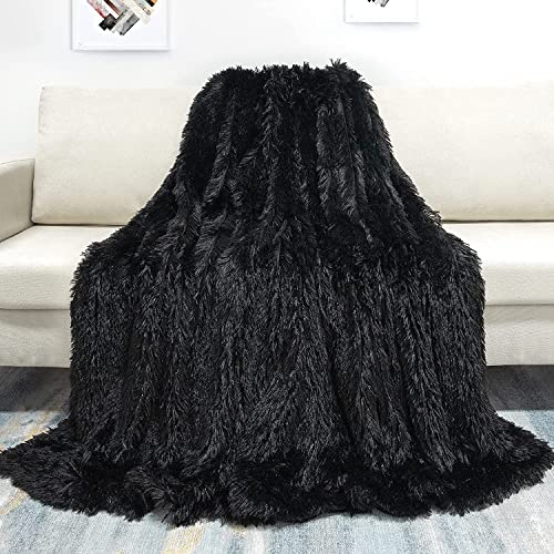 Tuddrom Decorative Extra Soft Faux Fur Throw Blanket 50" x 60",Reversible Fuzzy Long Hair Shaggy Throw Blankets, Fluffy Cozy Plush Fleece Comfy Microfiber Fur Blanket for Couch Sofa Bed, Black - color: Black, size: Throw-50" x 60"