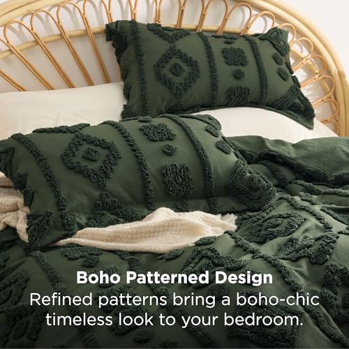 Bedsure Boho Tufted Green Comforter Set Queen Size, GentleSoft™ 3 Pieces Boho Farmhouse-Style Decor Bedding, Exquisite Bedding for All Seasons, 1 Bed Comforter, 2 Pillow Shams, 90x90 Inches - color: 03 - Distressed Vintage Dark Green, size: Queen (90" x 9