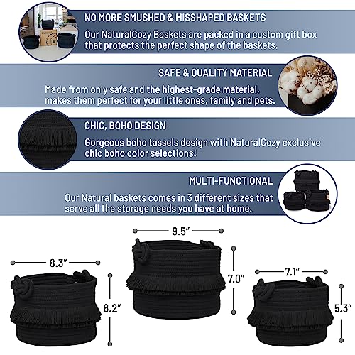 NaturalCozy 3-Piece Decorative Storage Basket Set – Black Cotton Rope Small Woven Baskets for Organizing for Nursery Baby Stuff, Gift, Vanity, Montessori, Dog Cat Toy Bin, Planter, Bathroom Shelves - color: Black