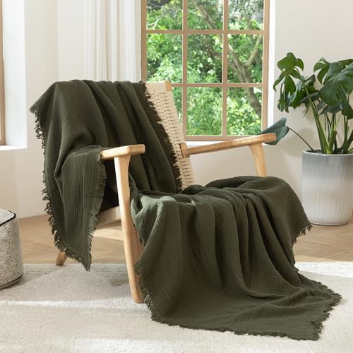 MooMee Muslin Blanket - 100% Cotton 4-Layer Gauze Throw Blanket with All-Around Fringe, Soft Breathable Lightweight Cooling Summer Blankets for Bed Couch (Olive Green,Oversize Queen 98" x 98") - color: Olive Green, size: Oversize Queen