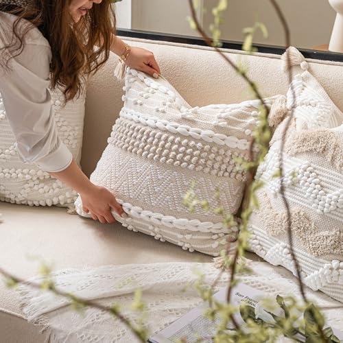 BlissBlush Boho Throw Pillow Cover 20X20, Decorative Accent Pillow for Couch, Square Woven Textured Pillowcase, Modern Boho Pillow for Bed, Bohemian Pillow Cover, Cream White Neutral (Pack of 1) - color: Cream White, size: 20" x 20" (Pack of 1)