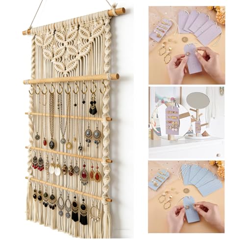 Macrame Jewelry Hanger, Hanging Jewelry Organizer,Boho Earring Holder Wall Mounted Necklace Holder, Tapestry Earrings Display, Bracelet Storage Minimalist Decor Tassel for Women Room (White) - color: White