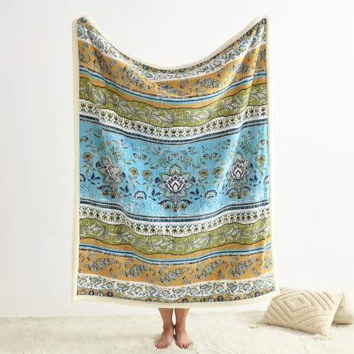 Boho Chic Sherpa Throw Blanket - Vibrant Bohemian Print & Ultra-Soft Cozy Lining, Stylish & Warm Winter Throw for Couch, Bed, or Décor - color: Boho-olive Green, size: 50" x 60"