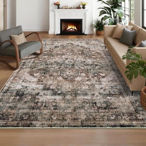 GarveeHome 8x10 Washable Rugs for Living Room Vintage Distressed Print Area Rug Non-Slip Large Bedroom Rug Low Pile Stain Resistant Dining Room Carpet Brown - color: Brown, size: 8' x 10' (Rectangular)