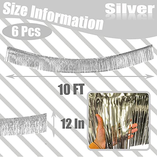 6 Pack 10 Feet Silver Foil Fringe Garland Metallic Tinsel Streamers Banner Wall Hanging Curtain Backdrop Banner for Parade Floats, Thanksgiving, Christmas, Birthday, Halloween Party Decorations - color: Silver