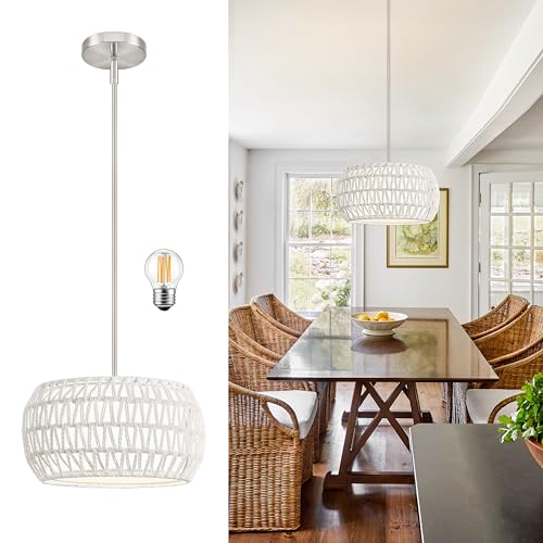 12.6 inch White Rattan Light Fixture Rattan Farmhouse Light Fixture Hand-Woven Pendant Lights Fabric Shade Boho Chandelier for Kitchen Dinning Room (Bulb Incl.) - color: 12.6"-White-Drum