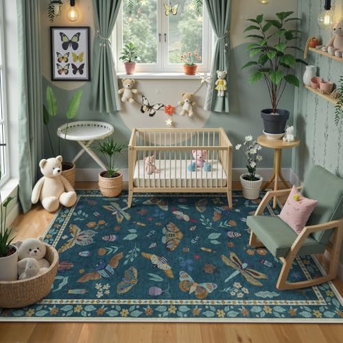Beeiva Insect Print 5x7 Rug for Bedroom - Soft Washable Non Slip Butterfly Playroom Rugs for Living Room, Stain Resistant Throw Carpet for Office Nursery Dining Room Aesthetic Decor(5'x7',Dark Green) - color: Dark Green, size: 5' x 7' (Rectangular)