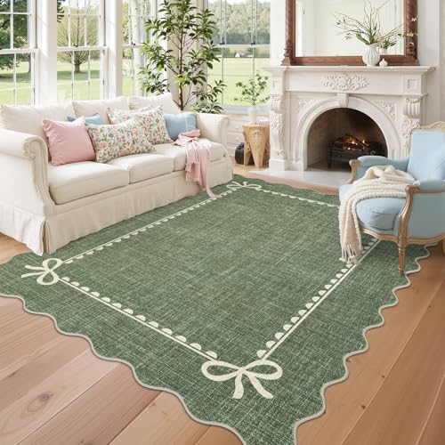GarveeHome Scalloped Bow Rug for Living Room, Solid Green Rug for Dorm, Washable Rugs 5x7 Soft Low Pile Non Slip Scalloped Rugs for Nursery College Bedroom Decor Kids Room Playroom - color: Green, size: 5' x 7' (Rectangular)