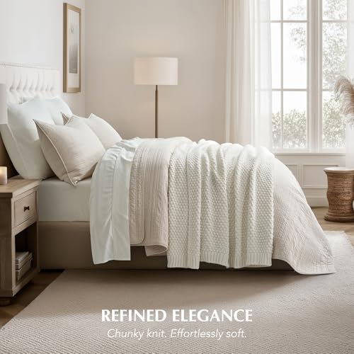 EVERGRACEHOME Chunky Chenille Knit Throw Blanket for Couch, Soft Luxurious Moss Stitch Blankets for Bed, Cozy Decorative Farmhouse Knitted Throws for Sofa, Bright White, 50" x 60" - color: Bright White, size: 50" X 60"